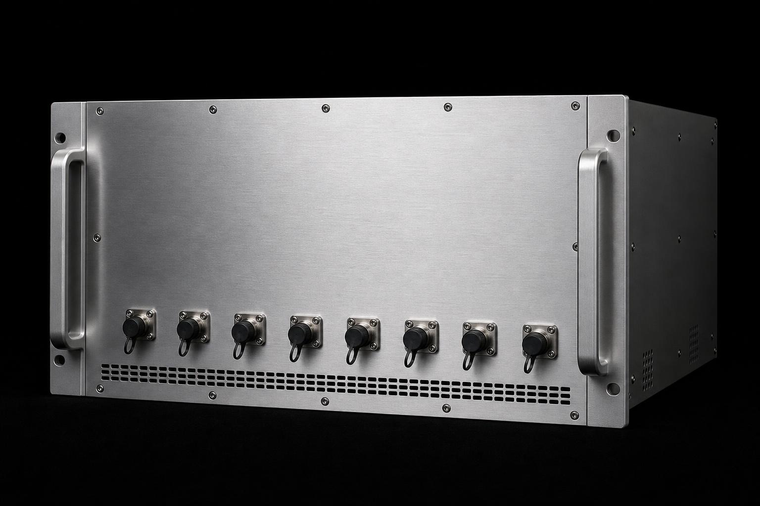 Rack mount temperature sensing host with a row of eight capped optical channel bulkheads