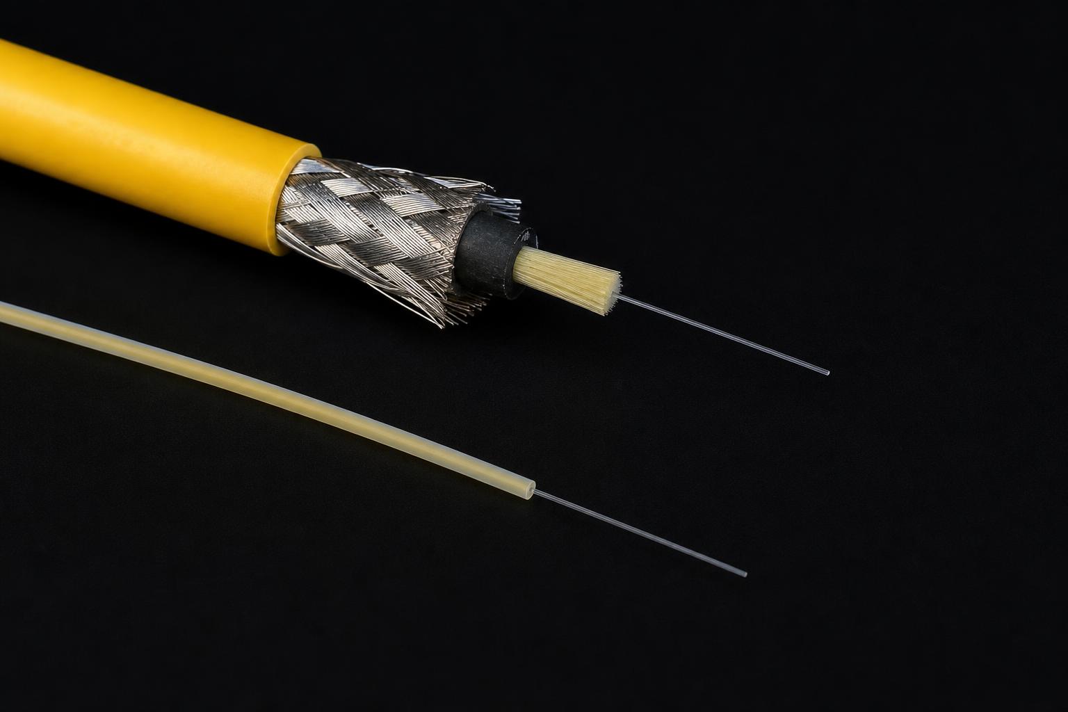 Cut end of a yellow armoured sensing cable showing steel braid and a bare fibre pigtail beside a loose pigtail