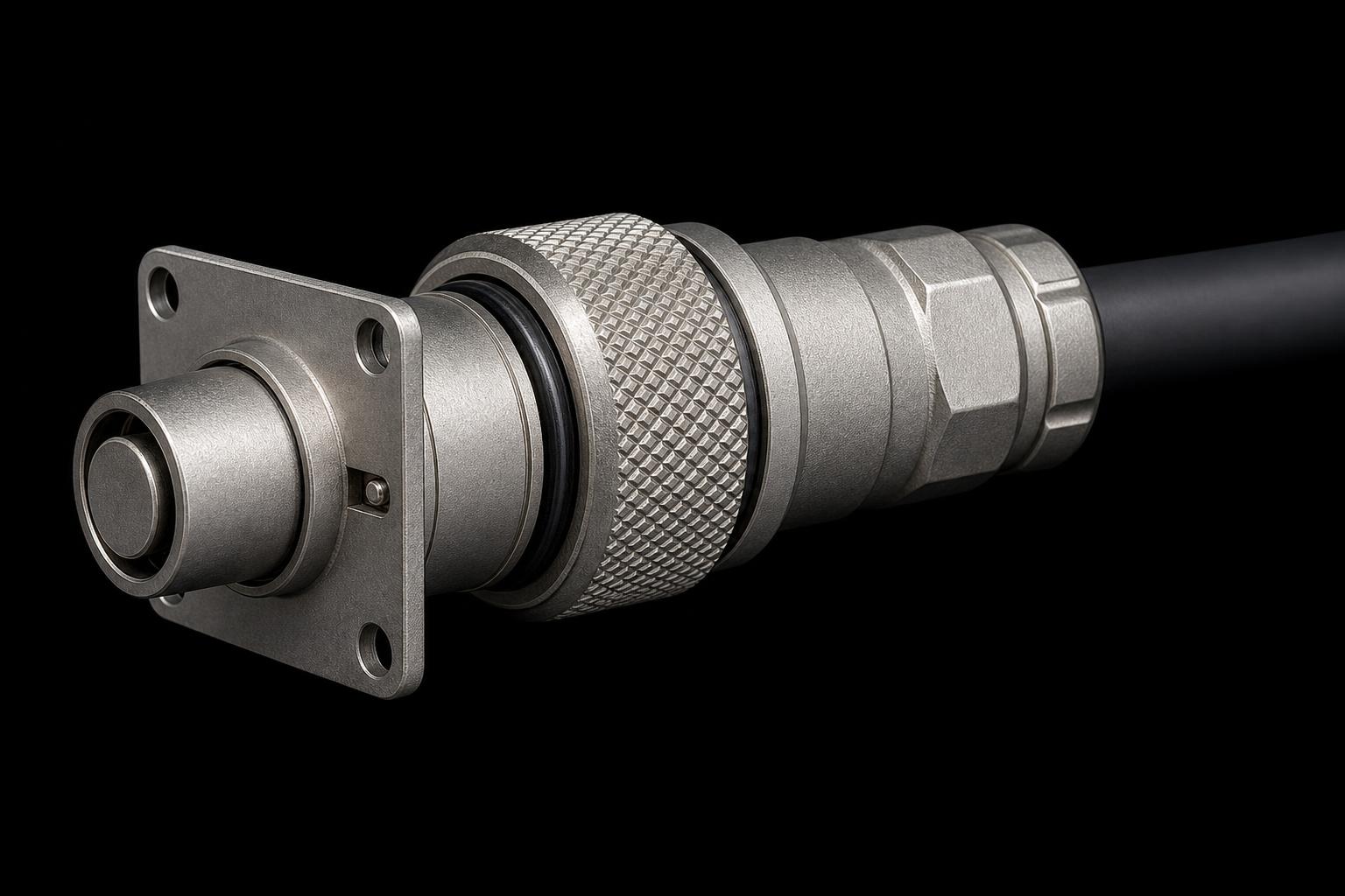 Circular metal push pull connector mated to its flange receptacle, knurled coupling nut and O-ring visible