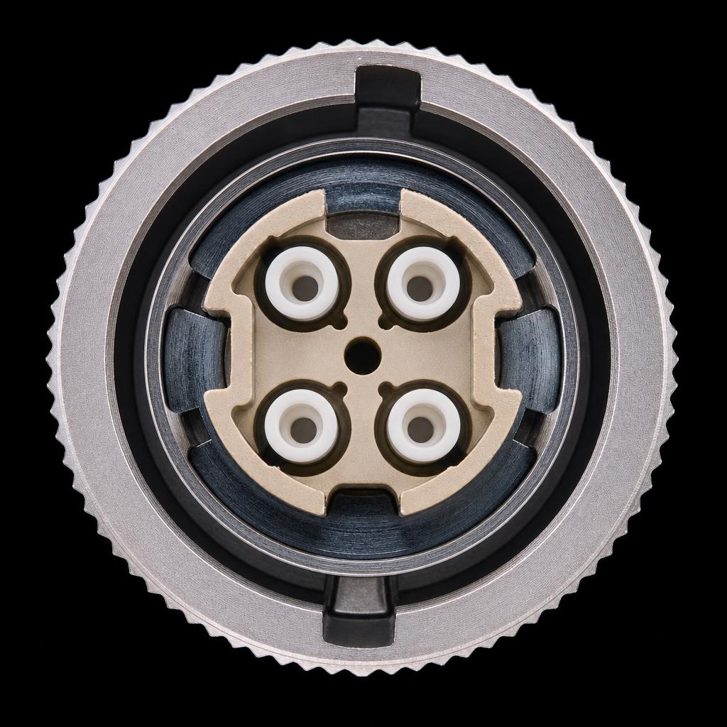 Open connector receptacle face showing a four channel optical insert with ceramic ferrules and keyway