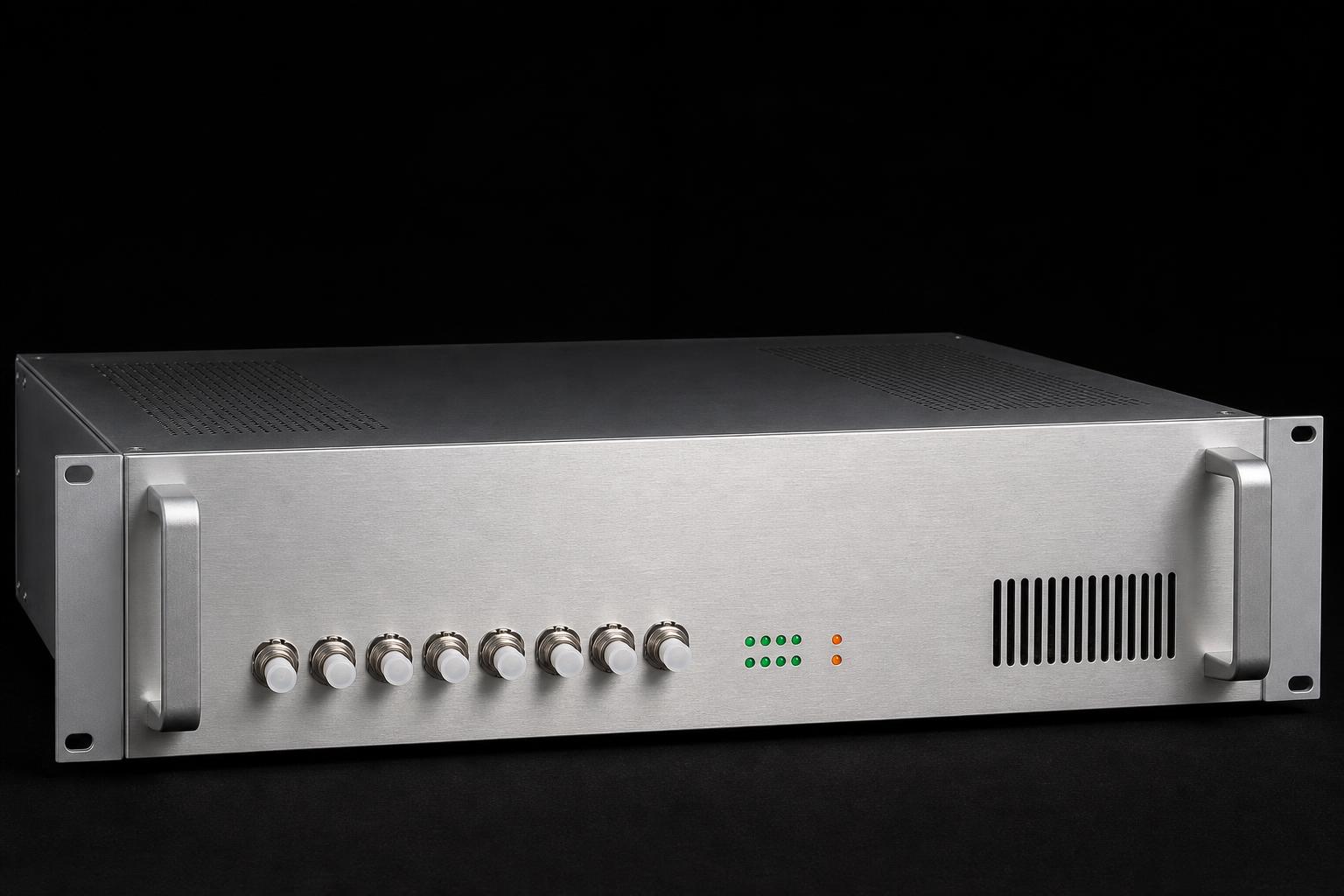 Rack mount acoustic sensing host, front panel with eight capped optical bulkhead ports and status indicators