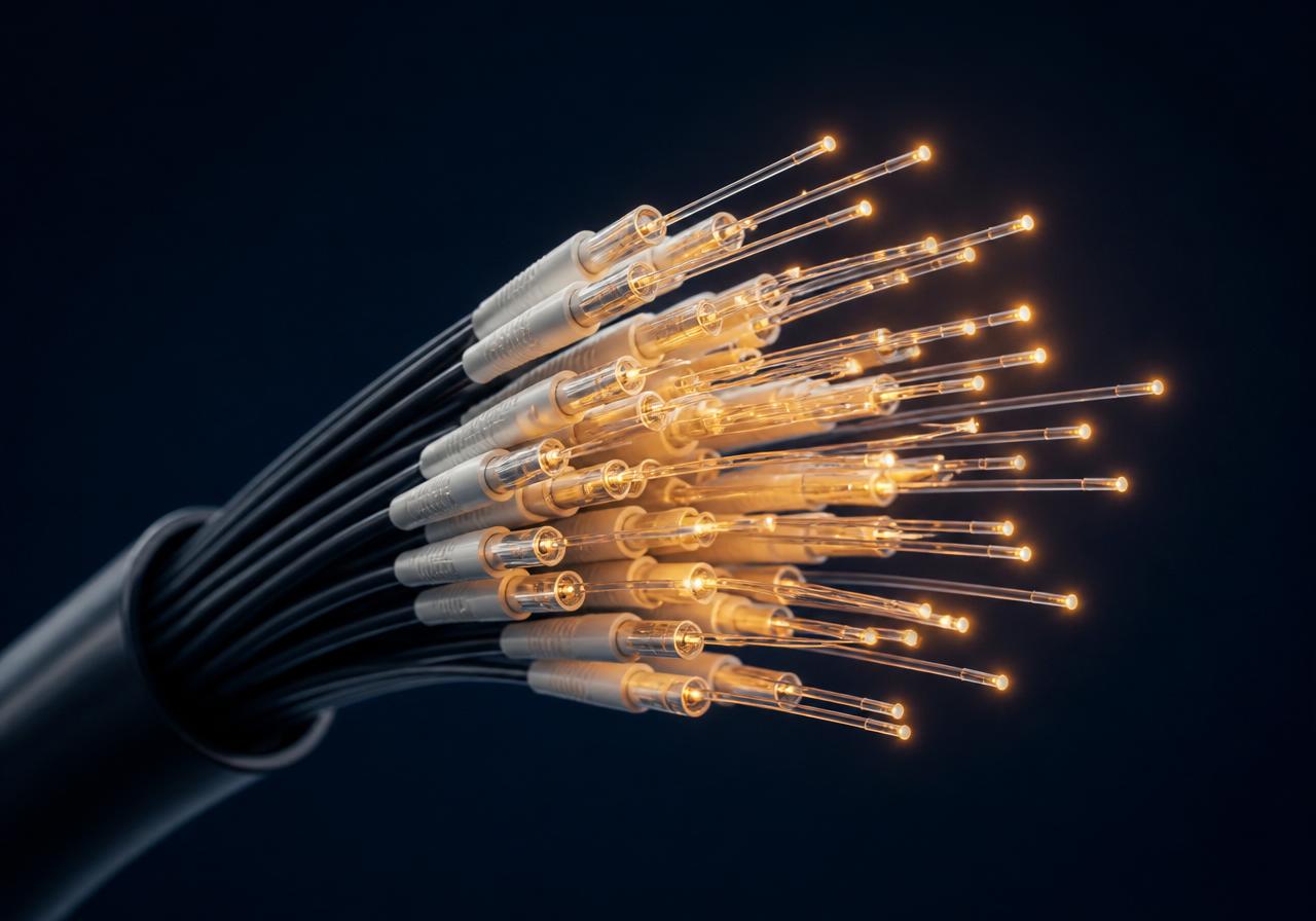 Bundle of fibre optic cables illuminated at the connector tips